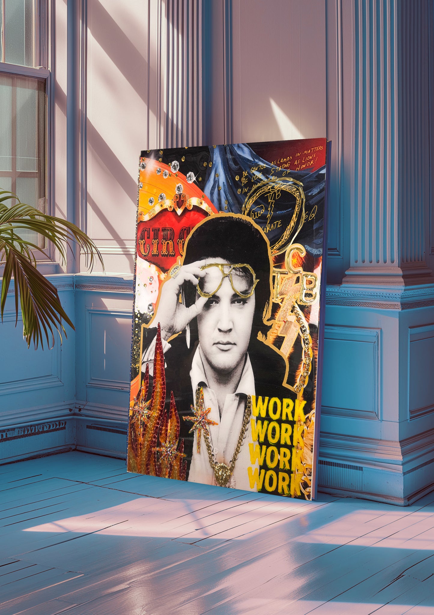 Mixed-media pop art portrait of a man in sunglasses with vibrant colors and 'WORK WORK WORK' text