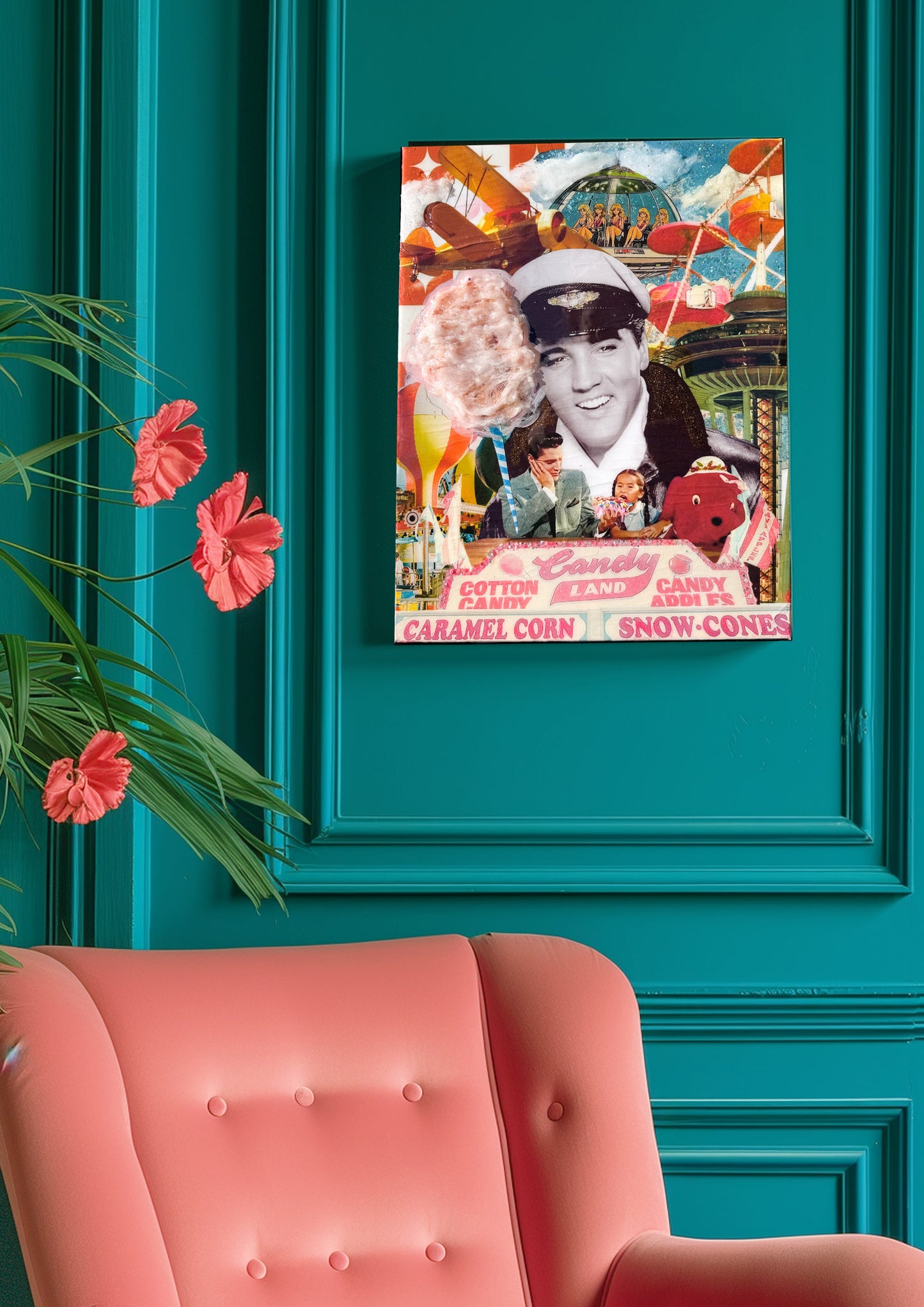 Mixed-media pop culture collage art featuring carnival elements on teal wall above pink chair