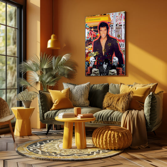 Modern living room with yellow decor and a vibrant mixed-media pop culture art piece on the wall