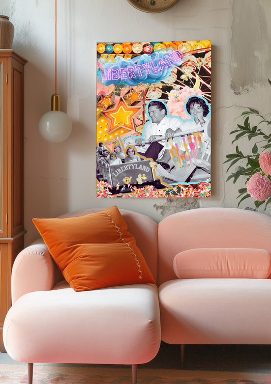 Colorful mixed-media art print featuring Libertyland theme park with vintage ride, neon stars, and retro collage, hanging above a pink sofa in a cozy living room.