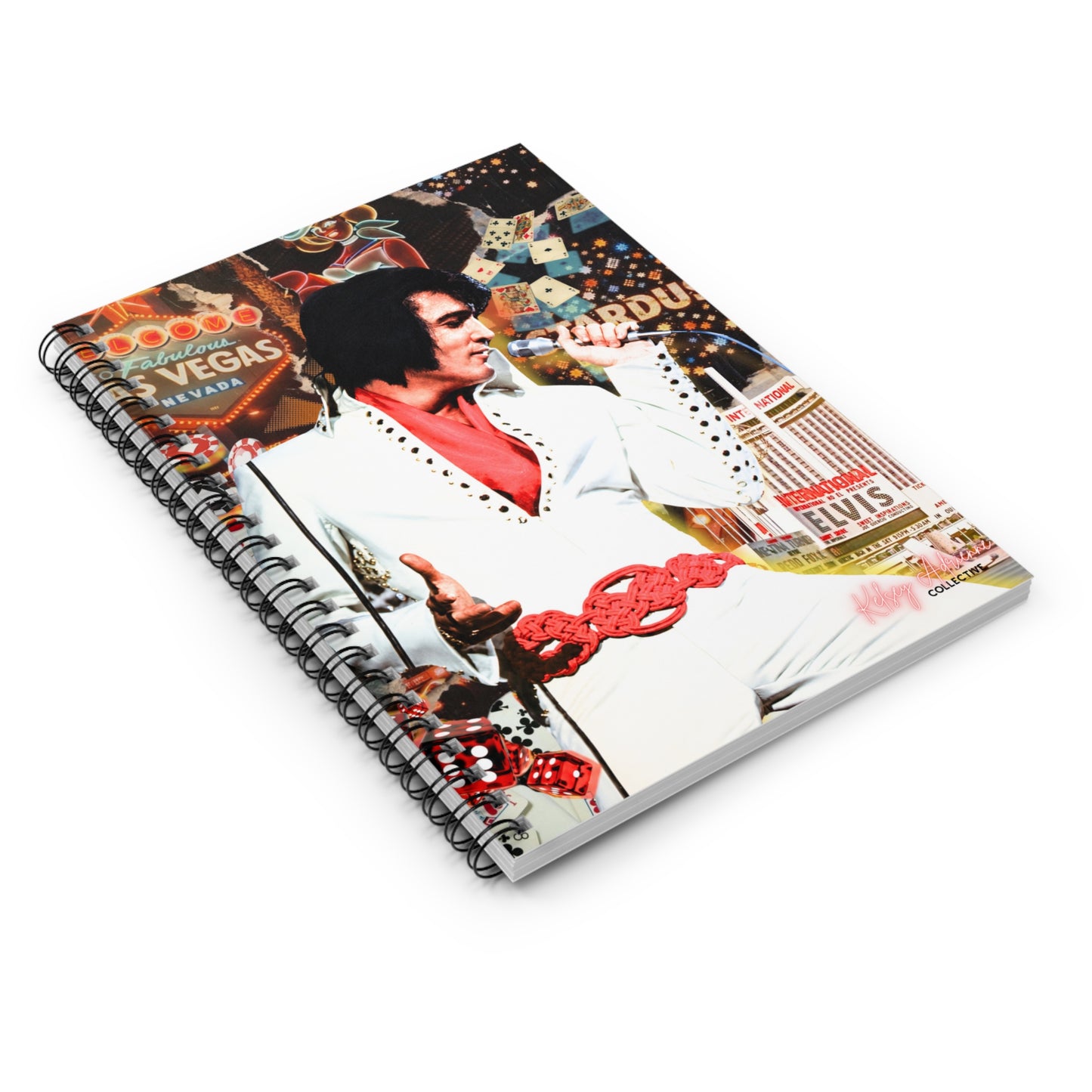 A spiral-bound notebook featuring a collage-style cover print of Elvis Presley in a white suit with a red bow tie, set against a clean white background.