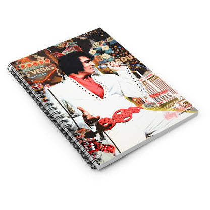 A spiral-bound notebook featuring a collage-style cover print of Elvis Presley in a white suit with a red bow tie, set against a clean white background.