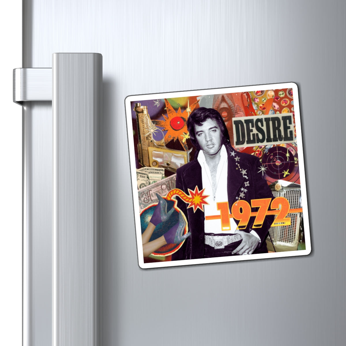 Mixed-media collage magnet featuring a retro 1972 theme, pop culture icons, and vibrant art.
