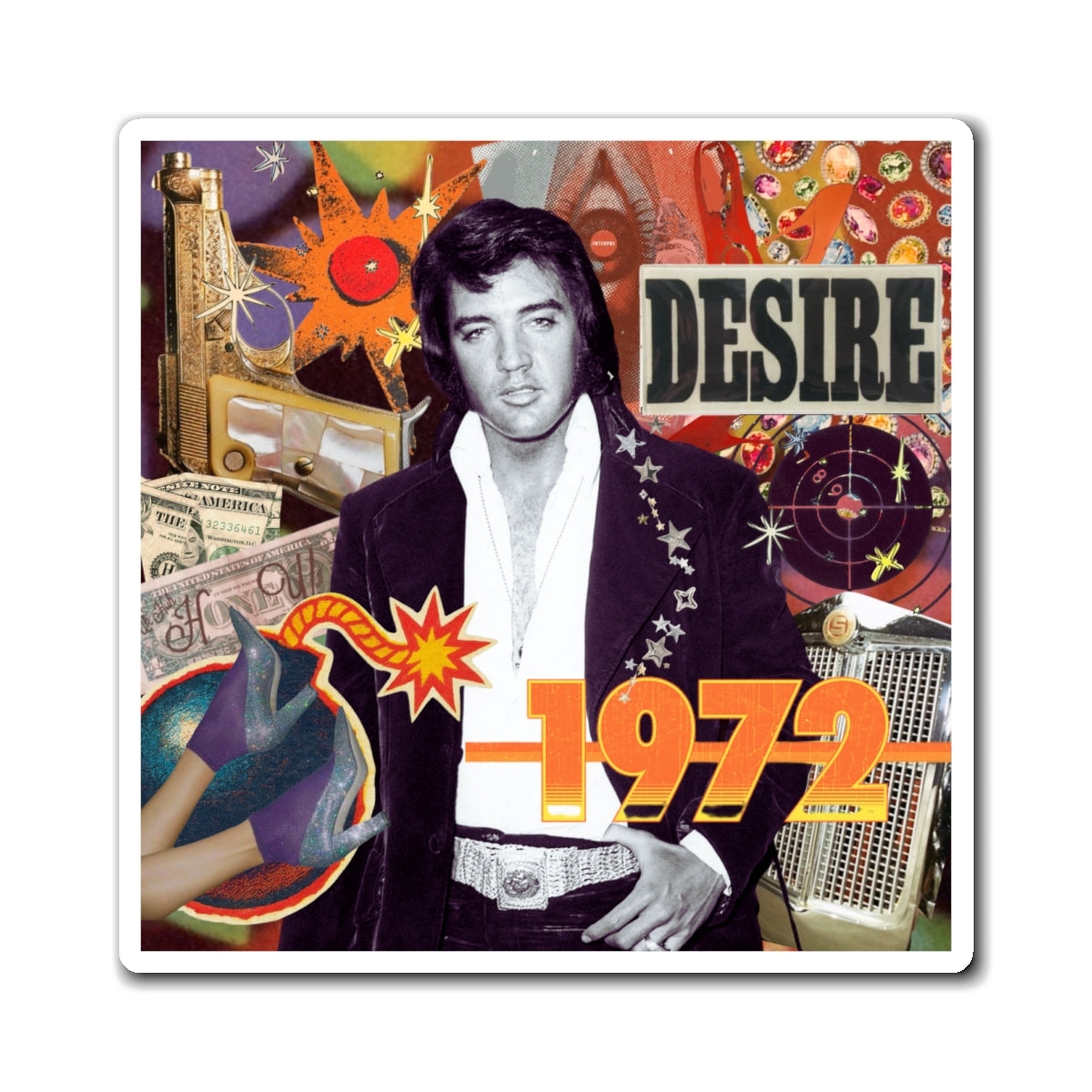 Pop culture mixed-media collage with retro 1972 theme, vintage car, star motifs, and 'DESIRE' text.