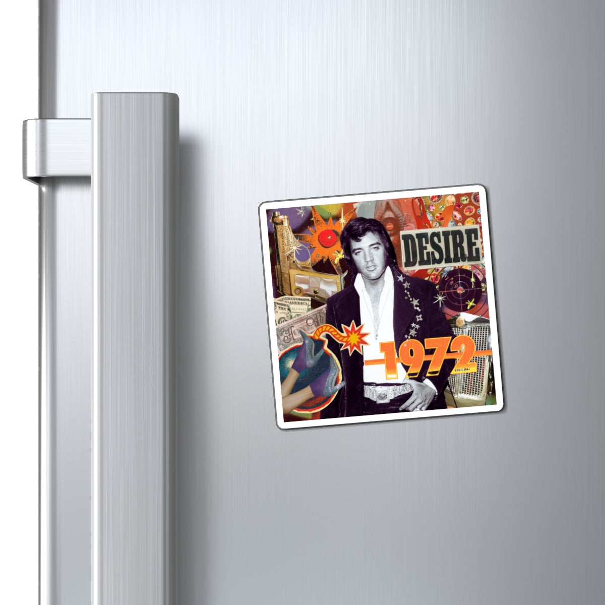 Retro 1972 pop culture collage magnet on refrigerator with vintage photos and bold text