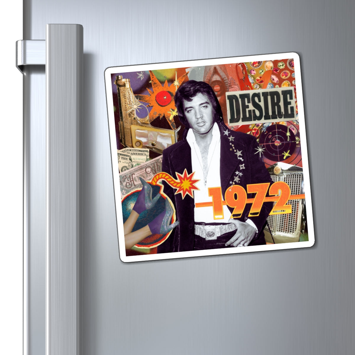 Mixed-media art magnet on fridge featuring a 1970s pop culture collage with iconic imagery.
