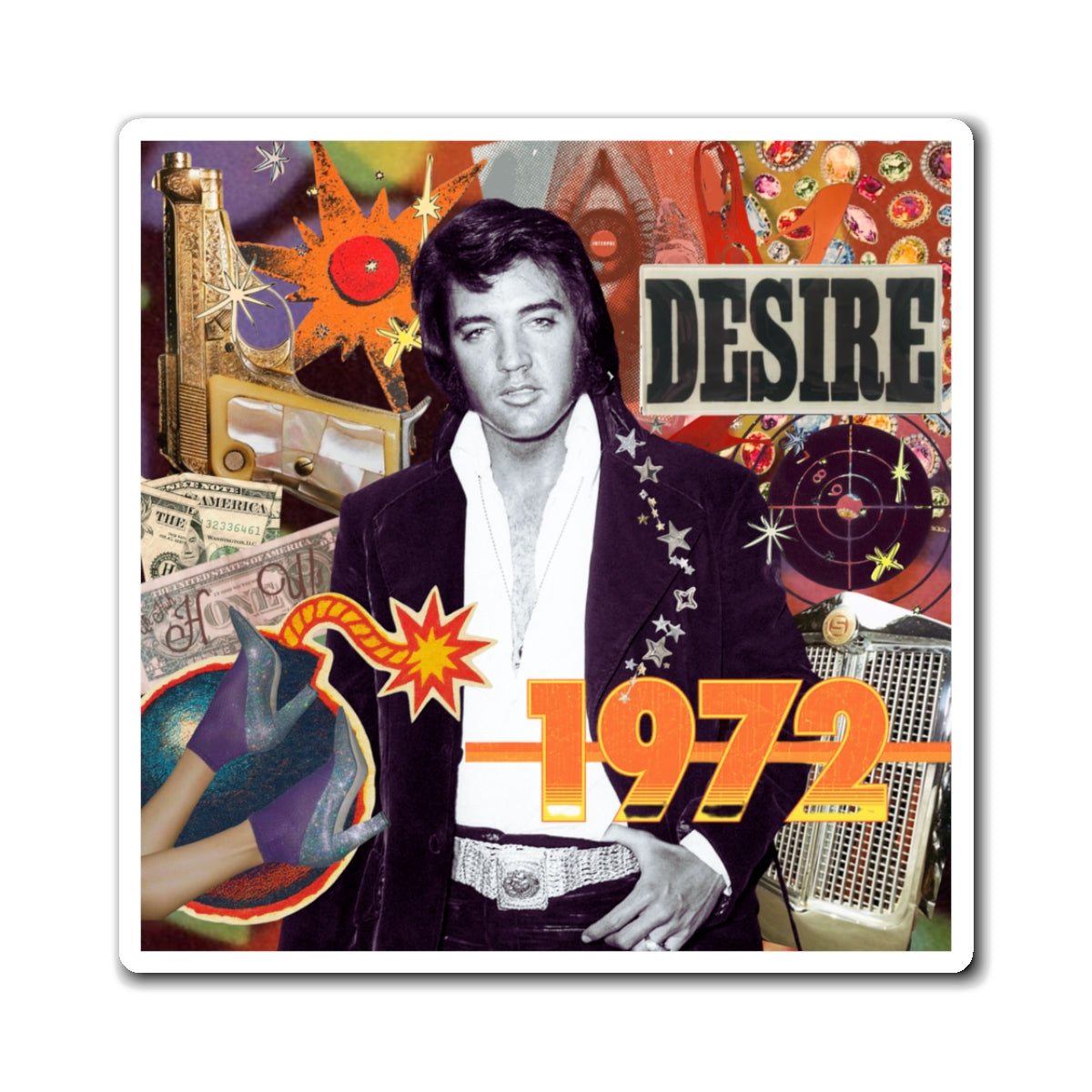 Mixed-media collage with vintage pop culture figure, bold 'DESIRE' text, and 1972 theme