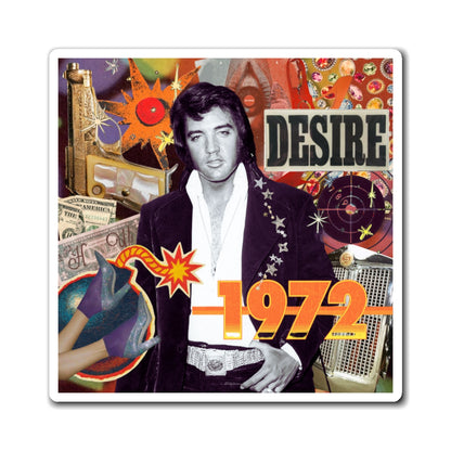 Mixed-media collage with vintage pop culture figure, bold 'DESIRE' text, and 1972 theme