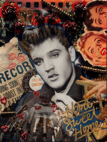 Mixed-media pop art collage featuring a vintage celebrity portrait, retro elements, and sparkling embellishments.